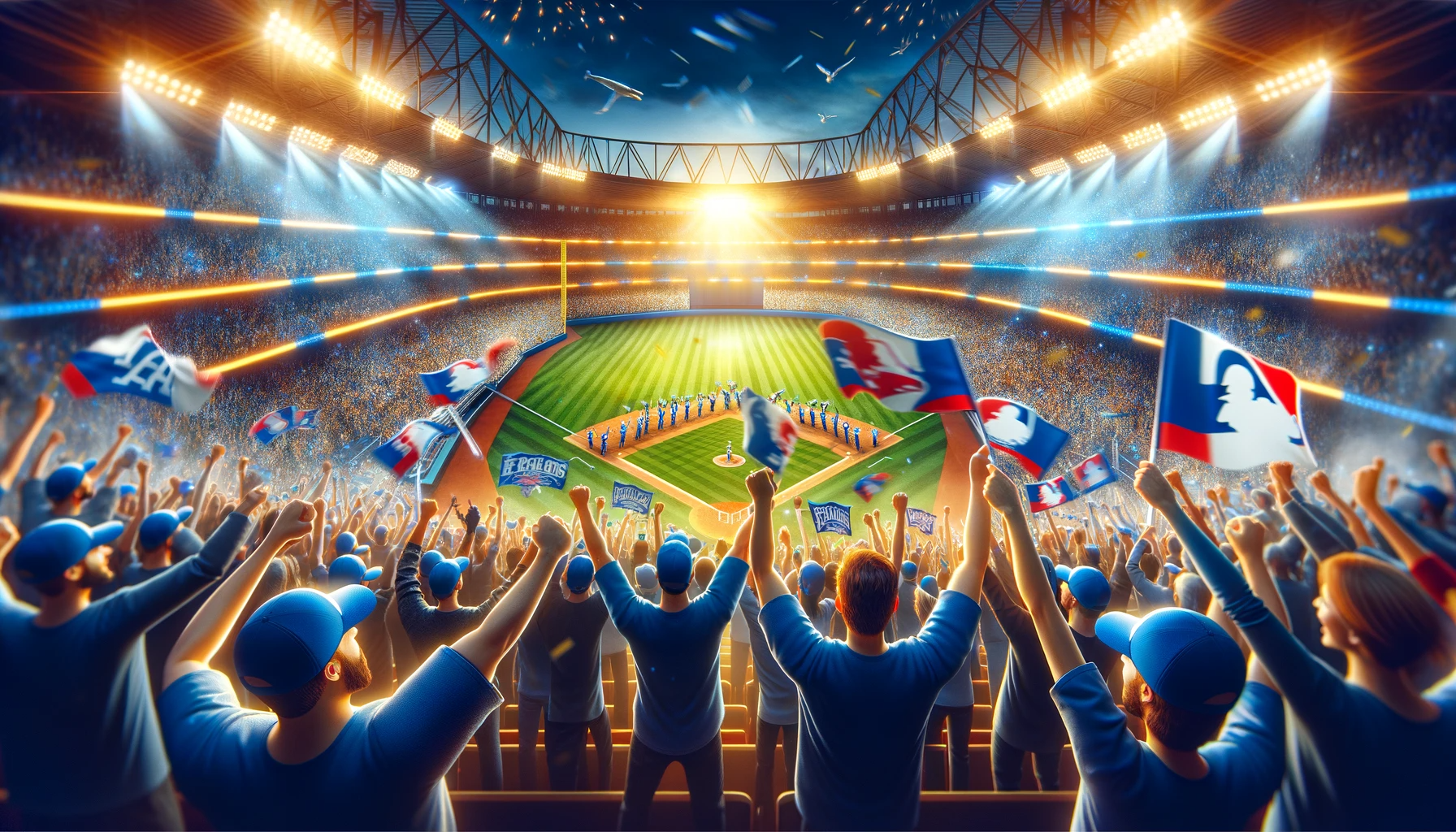 満員のスタジアムで野球の試合が行われている様子。観客は青い帽子をかぶり、白いTシャツを着ており、多くが手にした旗を振っている。スタジアムの照明がピッチを明るく照らし、観客席は活気に満ちている。