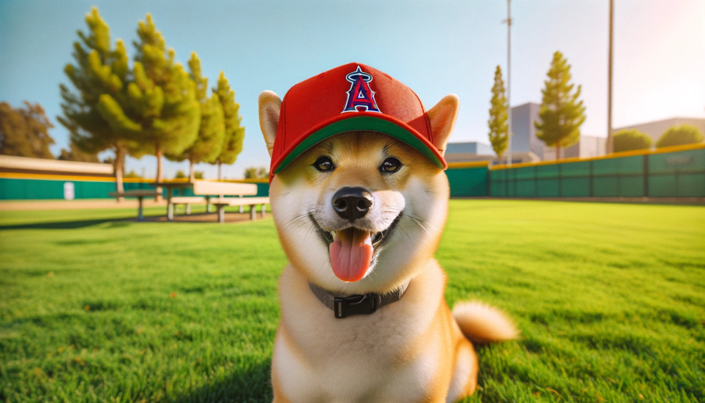 「エンゼルス」のロゴが入った赤い野球帽をかぶった元気な柴犬が、晴れた野球場に座っています。"