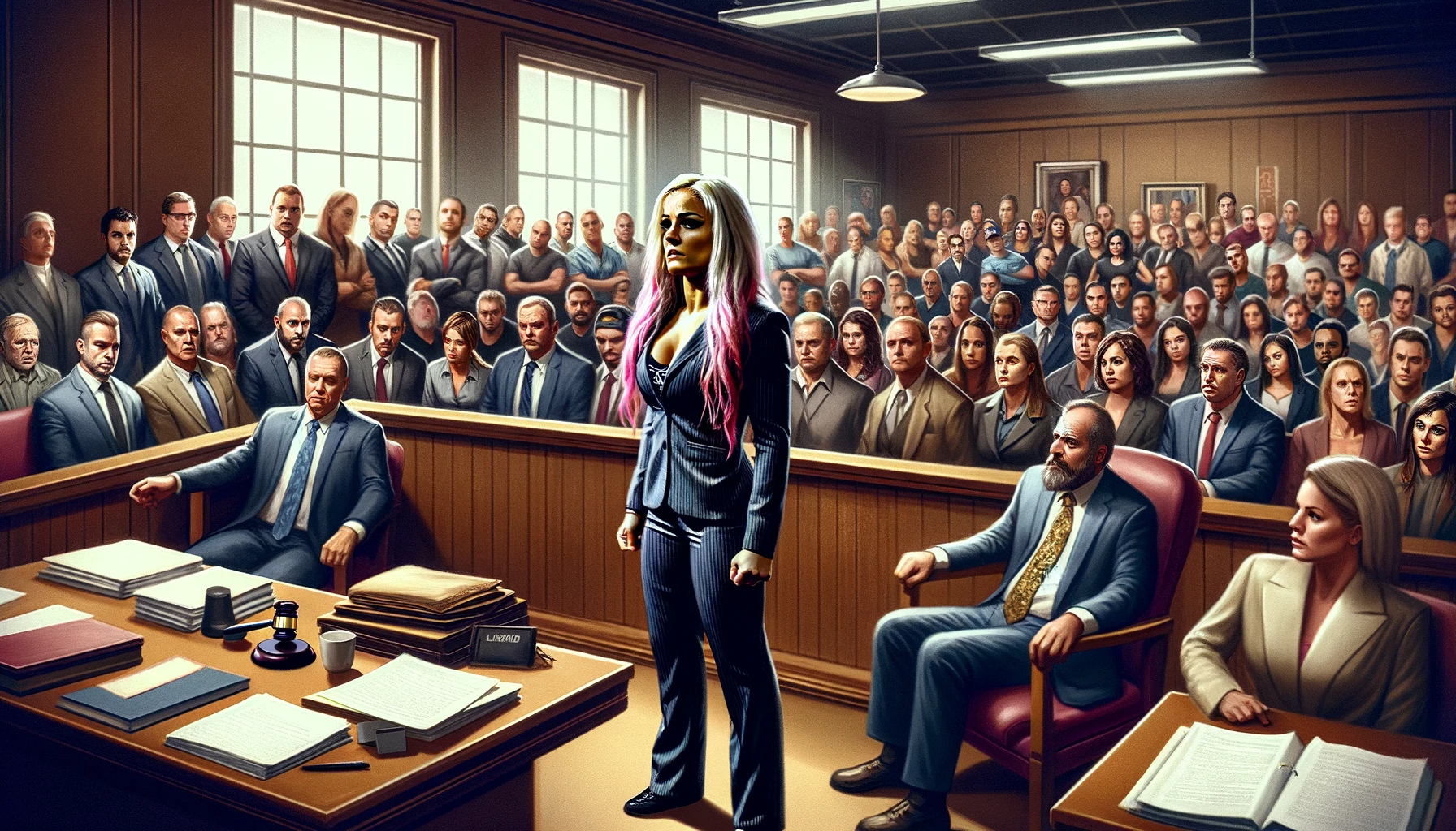 裁判所の中で、中央に立つ金髪の女性弁護士。バックグラウンドには、さまざまな表情をした観客と法律関係者たちがいます。