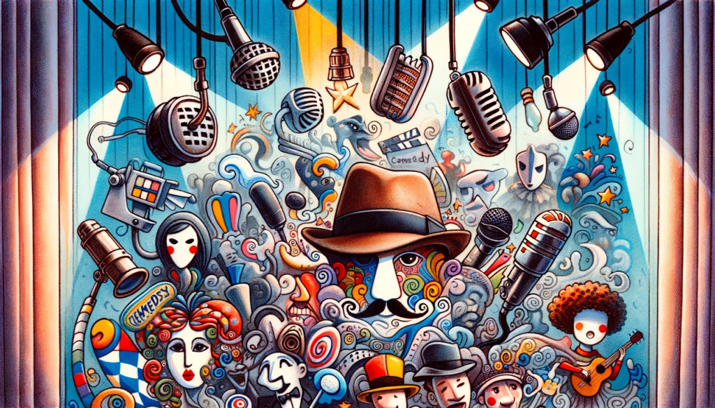  様々な演劇と音楽の要素が集まっている画像。中央には探偵風の帽子をかぶったキャラクターが描かれ、周囲にはマイク、マスク、楽器など、エンターテイメントのシンボルが溢れている。
