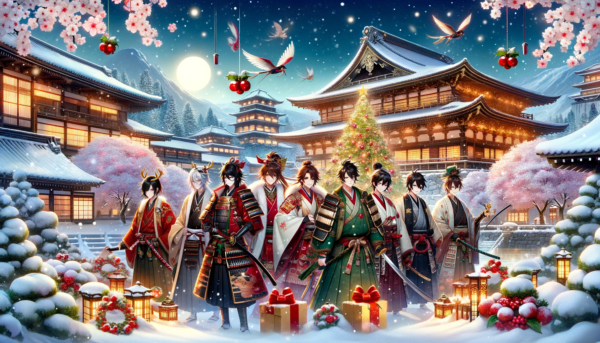 伝統的な日本の着物を着た人々が雪景色の中でクリスマスを祝っているイラスト。背景には古風な建築の家々と雪に覆われた松の木、そして満月が描かれている。空には鶴と飾り付けられたクリスマスツリーがあり、プレゼントが積まれたそりが飛んでいる。