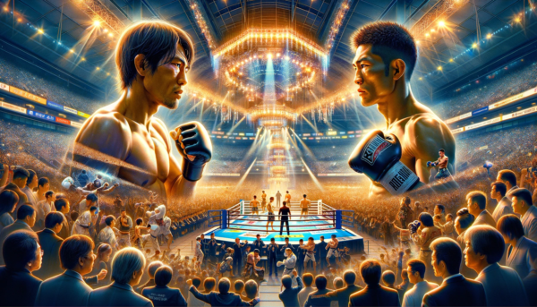  二人のボクサーがリングで対峙している画像。一人は眼鏡をかけた知的な印象、もう一人は集中した表情で拳を構えている。背景には盛大なスタジアムが描かれ、観客が興奮に満ちた空気の中で戦いを見守っている。