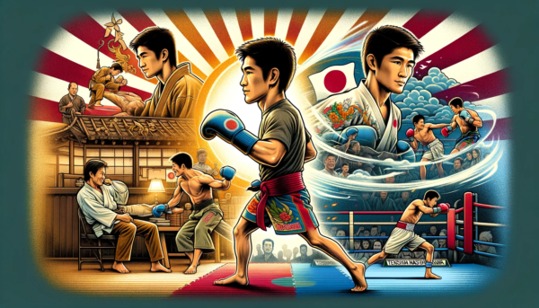 若い男性ボクサーが中央に立っており、彼のトレーニング、家族との時間、そしてリングでの試合の様子が周囲に描かれている画像。