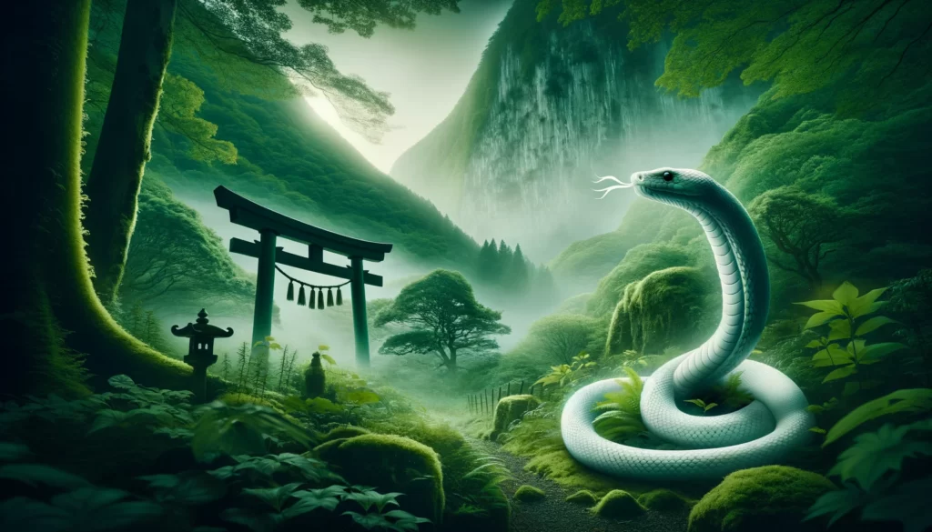 霧島神宮近くの緑豊かな霧島山に佇む伝説の白い蛇。その体からは神聖な光が放たれ、神の使いとしての精神性を象徴している。