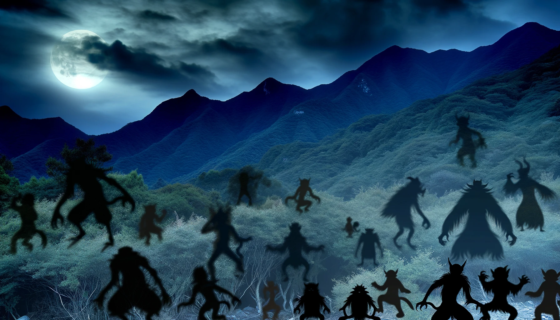 伊佐市の山々に潜む妖怪たちが月明かりの下、濃密な森林から姿を現す神秘的な風景。