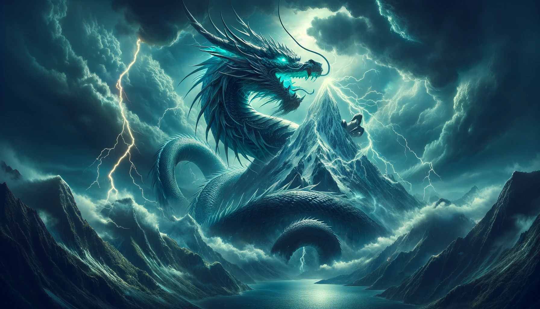 "開聞岳を背景に嵐の空の下で雷を纏いながら威厳を放つ神秘的な龍神。その体からは青と緑の光が反射し、山の頂を取り巻くように螺旋を描いている。"