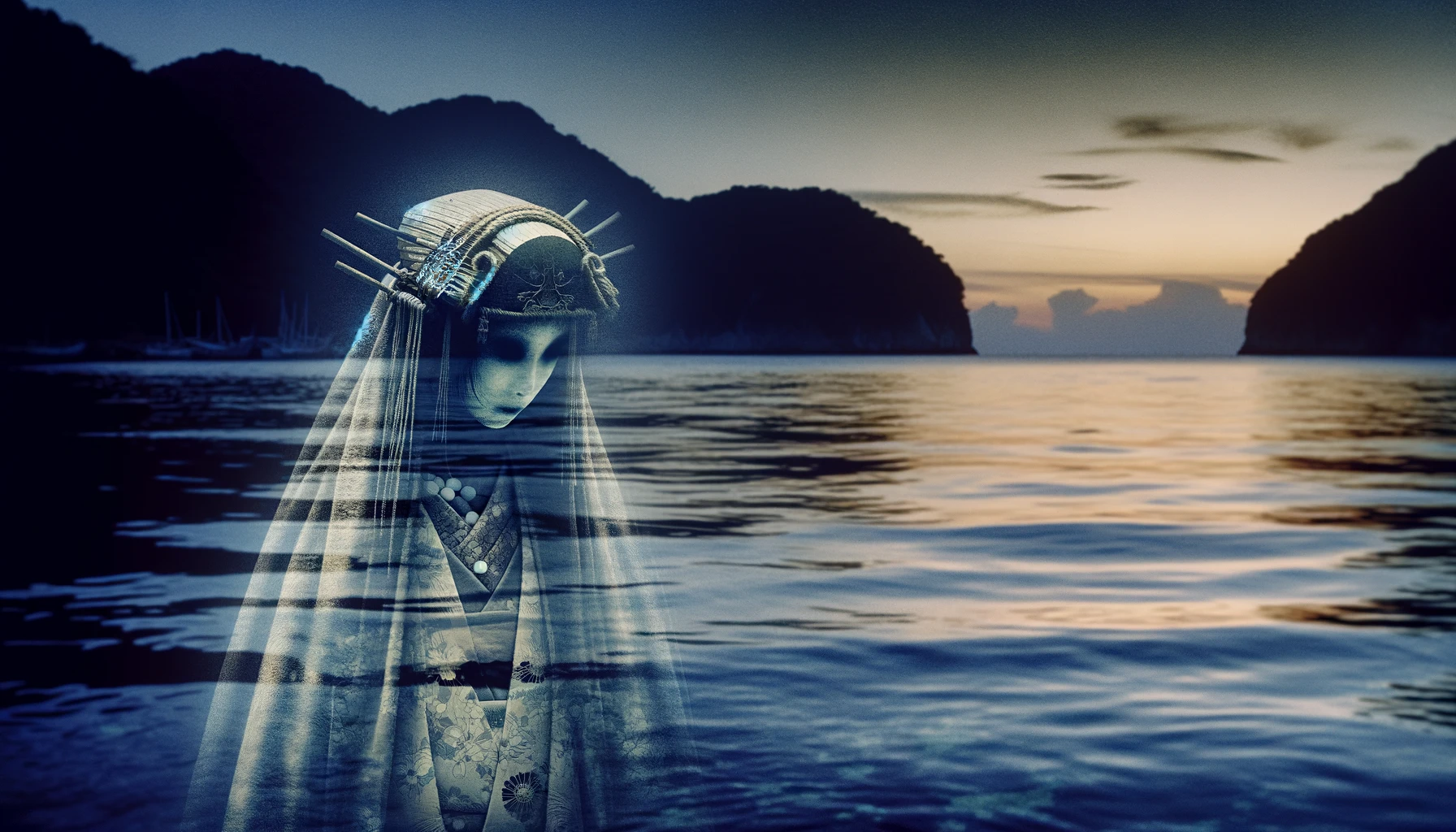 "夕暮れ時の垂水地方の海上に浮かぶ、伝統的な海女の装いをした幽霊の姿。穏やかな海面に柔らかな日の光が反射し、幽玄とした雰囲気を演出している。"