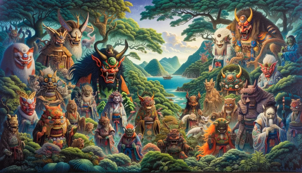 "奄美大島の豊かな自然を背景に、伝説の妖怪たちが集う神秘的なシーン。各妖怪は独自の特徴を持ち、島の文化遺産を象徴している。"

