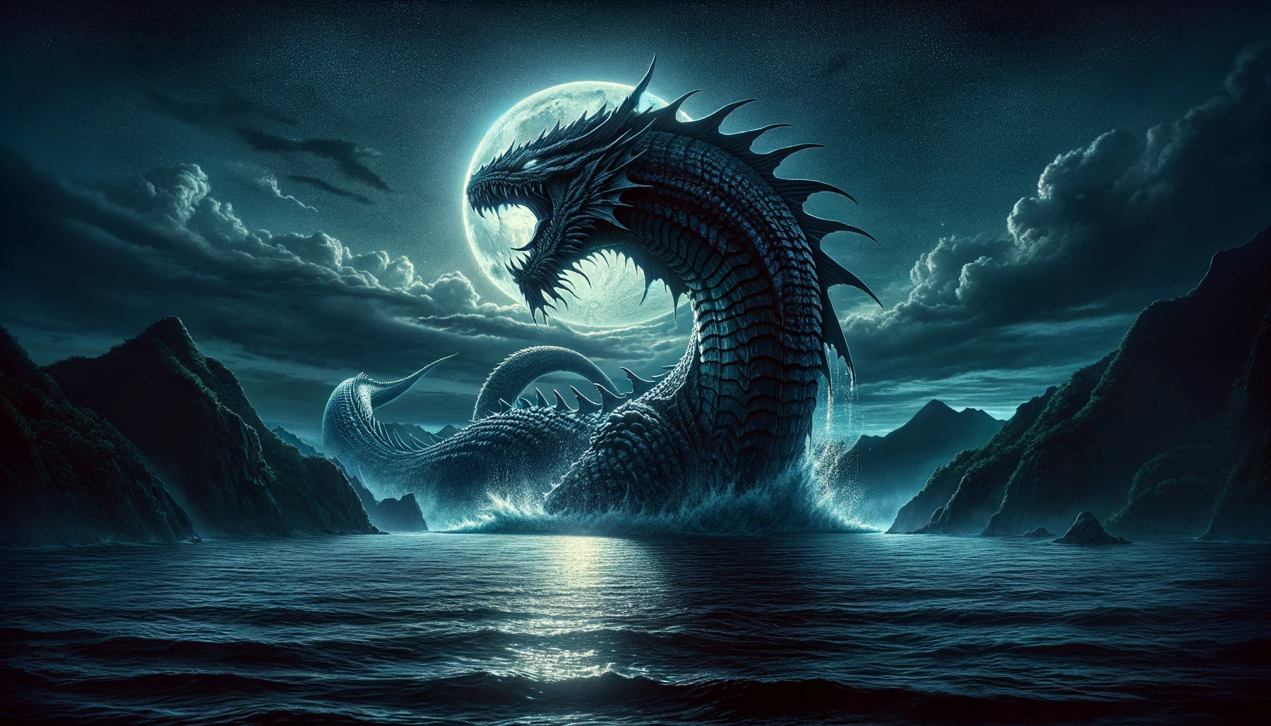 "月明かりの下、錦江湾から姿を現す伝説の海の怪物。その巨大な体は月光に照らされて輝き、遠くに桜島のシルエットが見える。"
