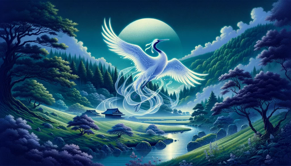 "出水の自然に囲まれた、伝説の鶴の幽霊が月光に照らされながら優雅に舞う神秘的なシーン。"

