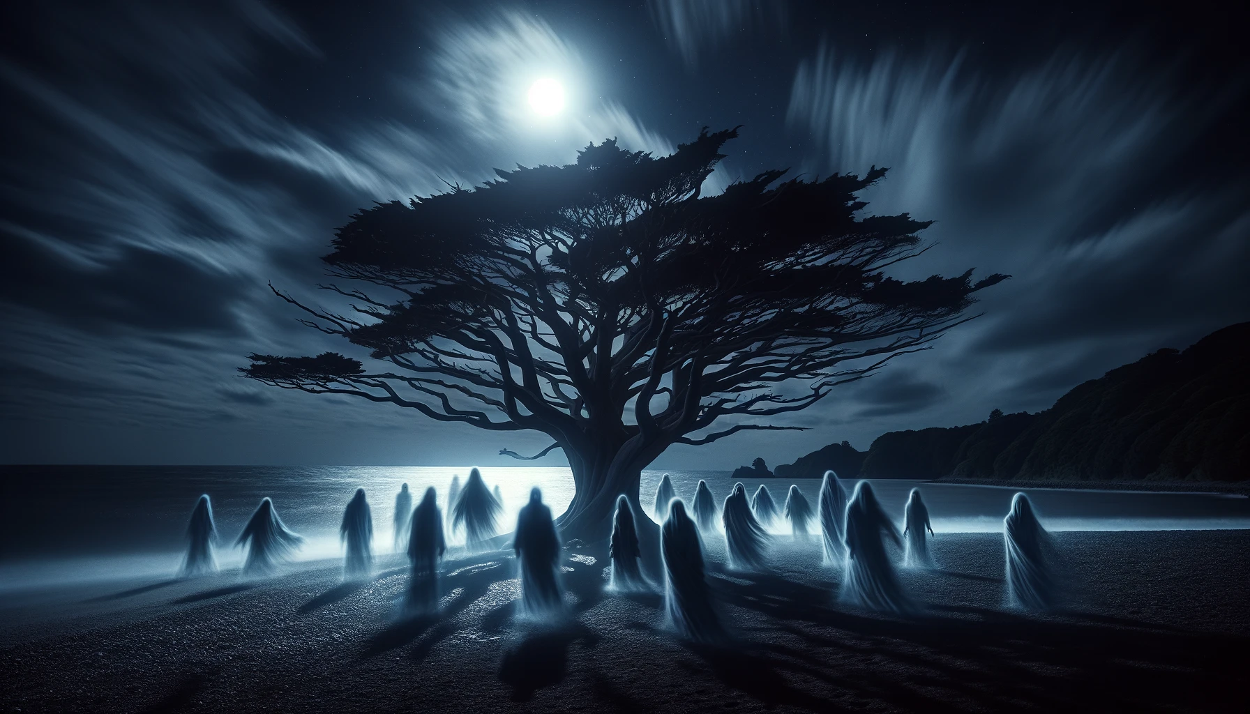 宮崎市青島の荒涼とした海岸に立つ呪われた木。月光に照らされ、周囲には幽霊のような人物の姿が見える、不気味な夜のシーン。
