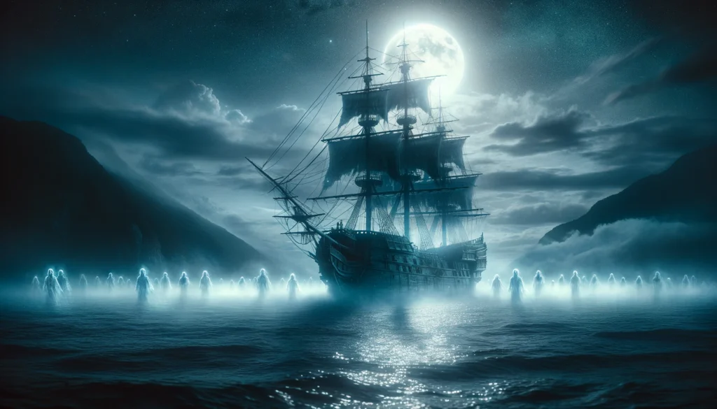 日南市の海岸に現れる幽霊船。月明かりの下、神秘的な霧に包まれた古びた船には、永遠の航海を続ける船員たちの幽霊の姿が見える。

