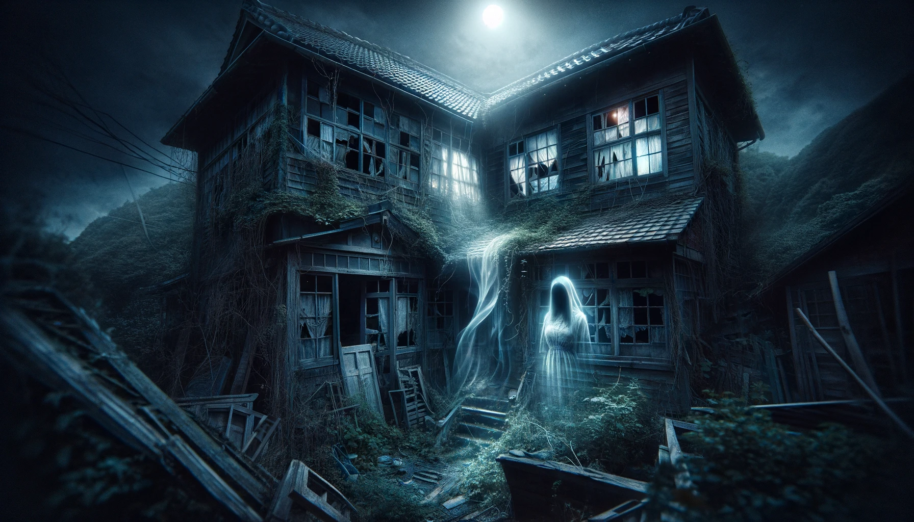 延岡市の廃屋に現れる女性の怨霊。壊れた窓と荒れた植物に囲まれた不気味な家の中で、悲しみを帯びた幽霊が月光に照らされる。
