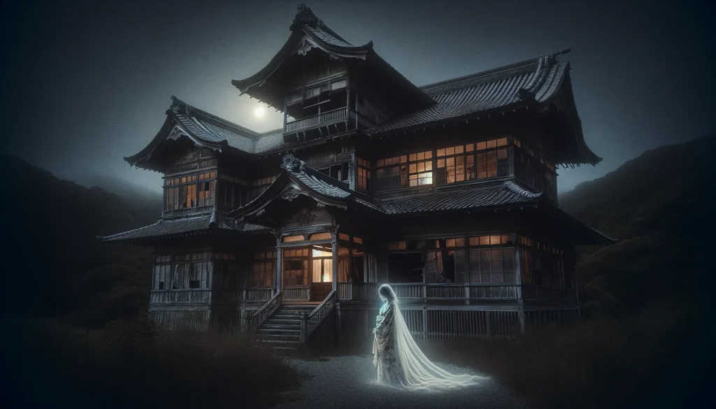 都城市の古い屋敷に現れる、白い着物を着た女性の幽霊。夜に月光に照らされた廃墟となった建物を彷徨い、悲劇的な歴史と孤独を象徴している。


