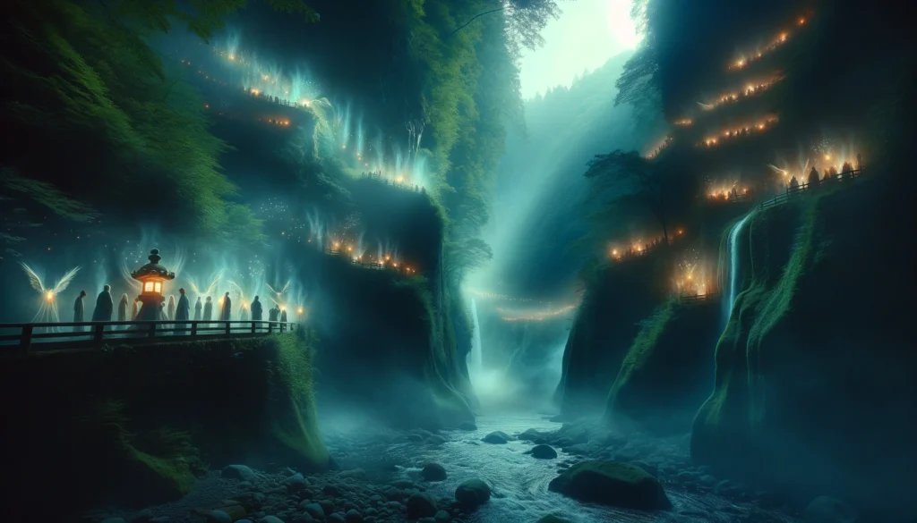 高千穂町の高千穂峡で発生する神隠し現象を描いた神秘的なシーン。霧に包まれた峡谷で、他界的な光がちらつき、人々が別の領域へと移行する様子が示されている。

