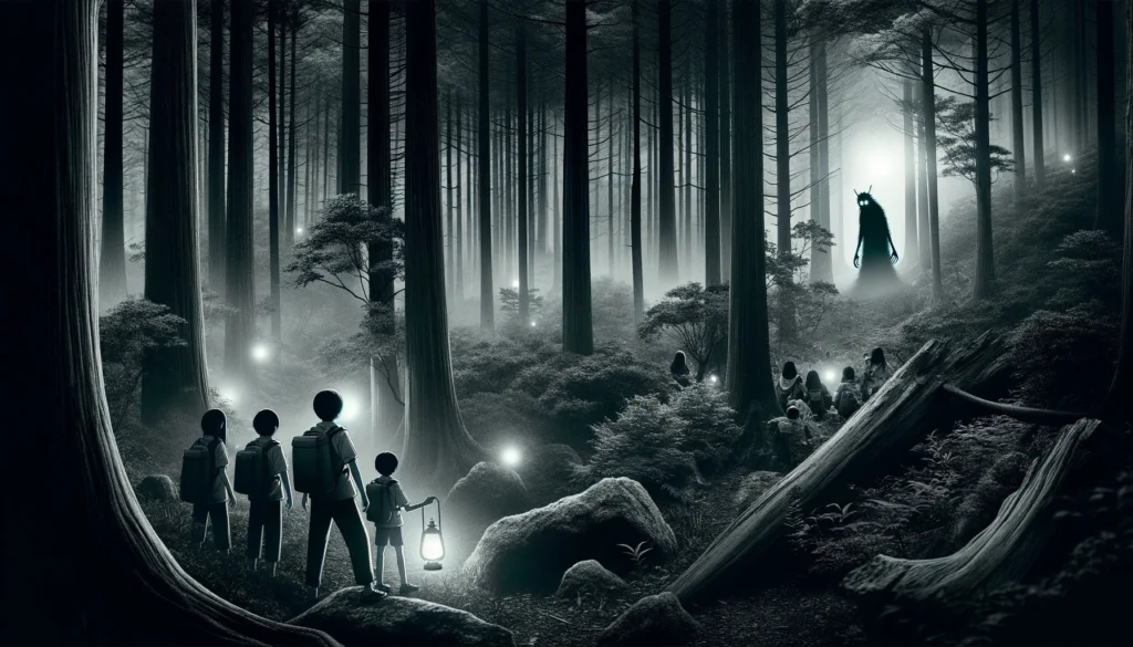 小林市の森の中で、山に潜む妖怪の伝説を描いた謎めいたシーン。密な森は霧に覆われ、妖怪の存在を示唆するかのようなかすかな不気味な光がある。若いキャンパーのグループが不安げに周囲を見回し、そのうちの一人が神秘的な光に引き寄せられている。

