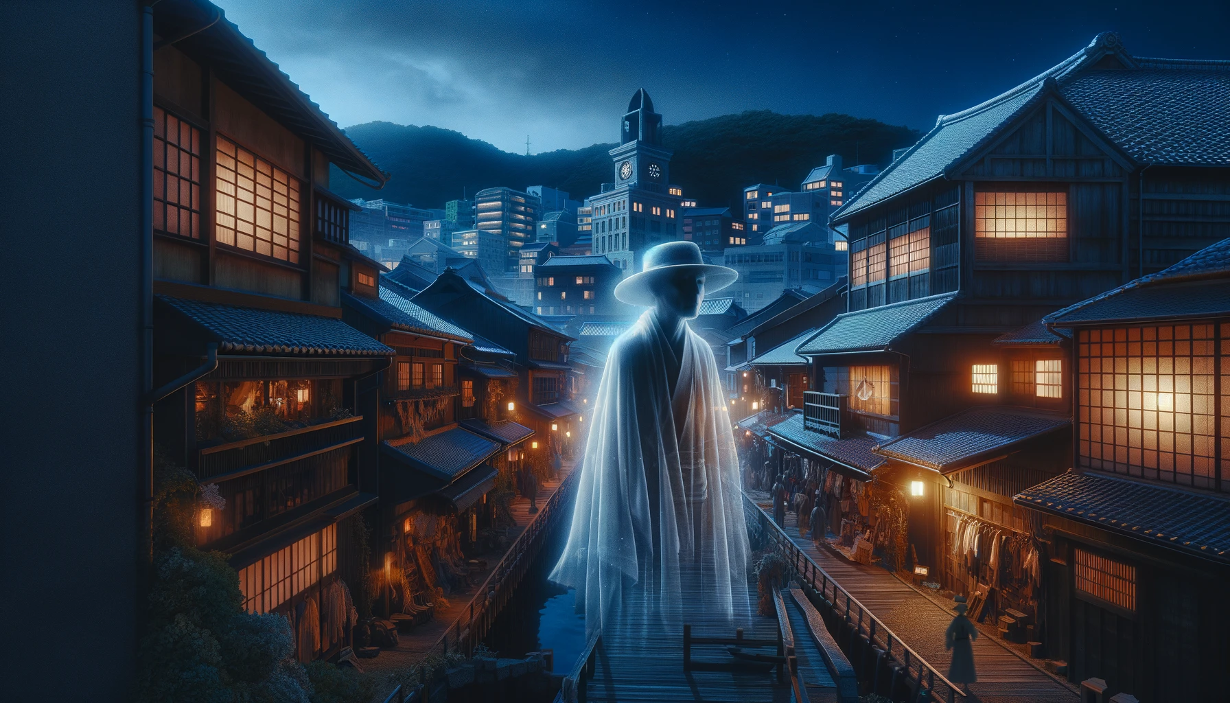 長崎市の出島で、白い影の伝説を描いた幽霊的なシーン。夜に出島の歴史的建物近くで現れた、江戸時代のオランダ人商人の透明な姿が描かれている。周囲は幽霊のような柔らかい光に照らされ、神秘的な雰囲気が漂っている。