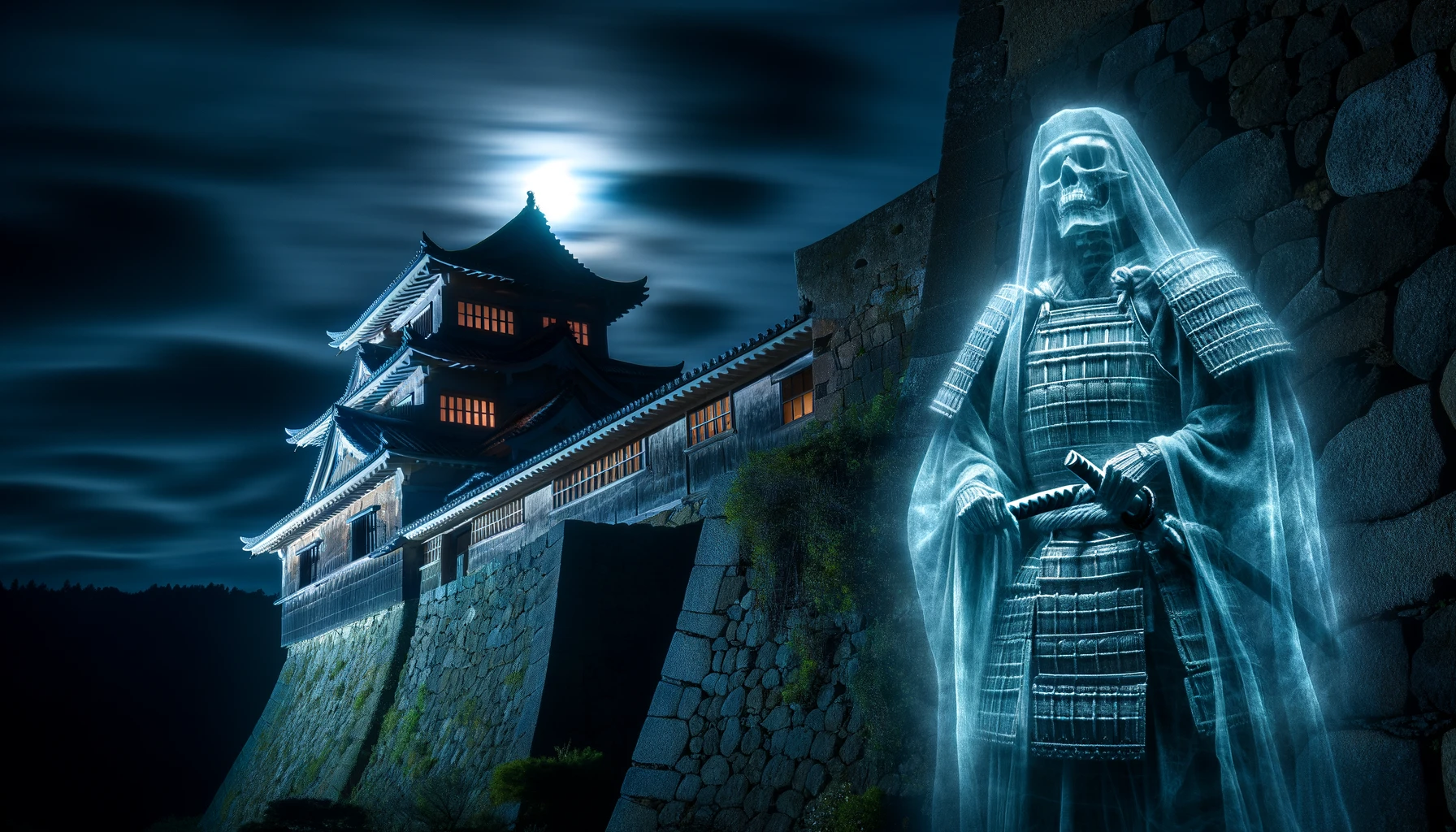 平戸市の平戸城で、古い城壁から現れる武士の霊の幽霊的なシーン。闇に包まれた城に月がかすかな光を投げかけ、武士の霊は伝統的な鎧を身にまとい、神秘的なオーラに囲まれている。