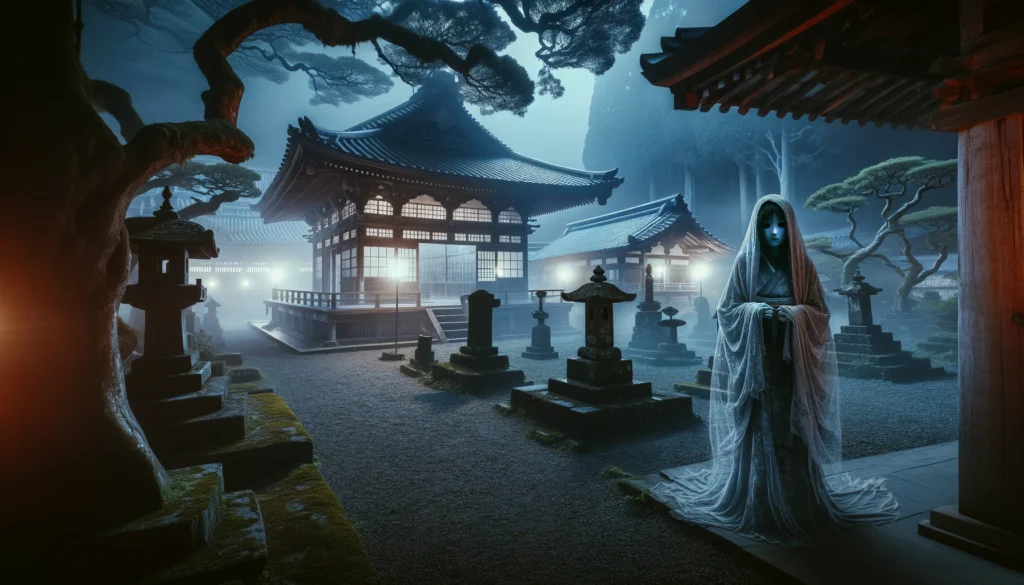 佐世保市の竹林院で、夜に寺院の境内に現れる悲しみに満ちた女性の亡霊のシーン。霧に包まれた寺と古木、伝統的な建築が幽霊的な雰囲気を醸し出し、悲しい表情の女性の霊が過去の悲劇を象徴している。


